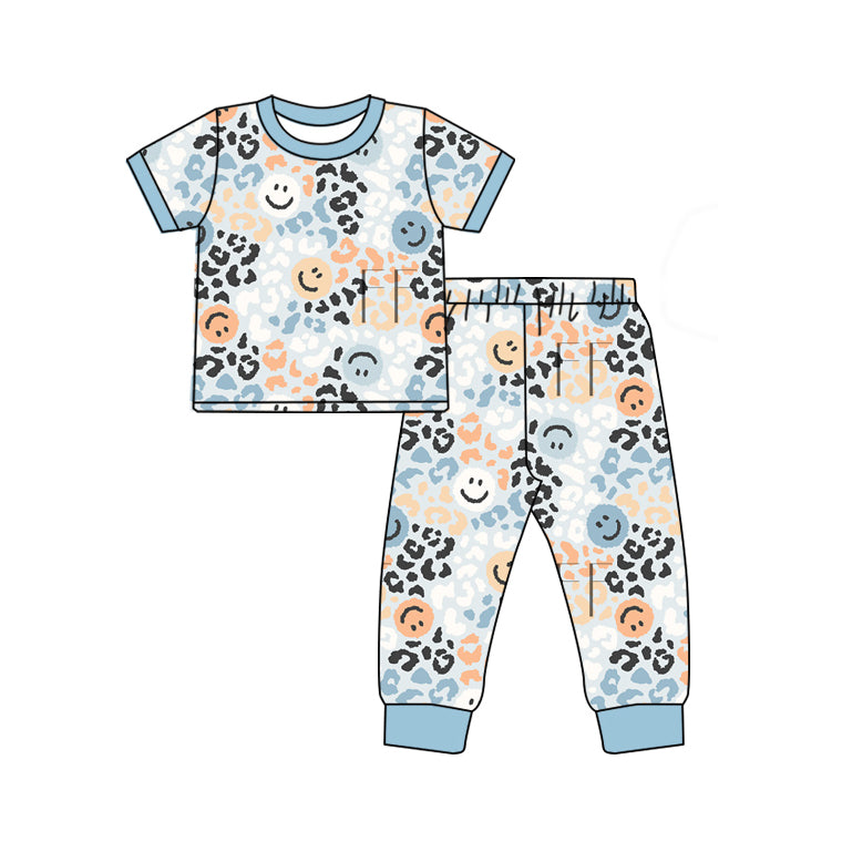 preorder GSPO1824 blue smile leopard blue short sleeve pants girls pajamas