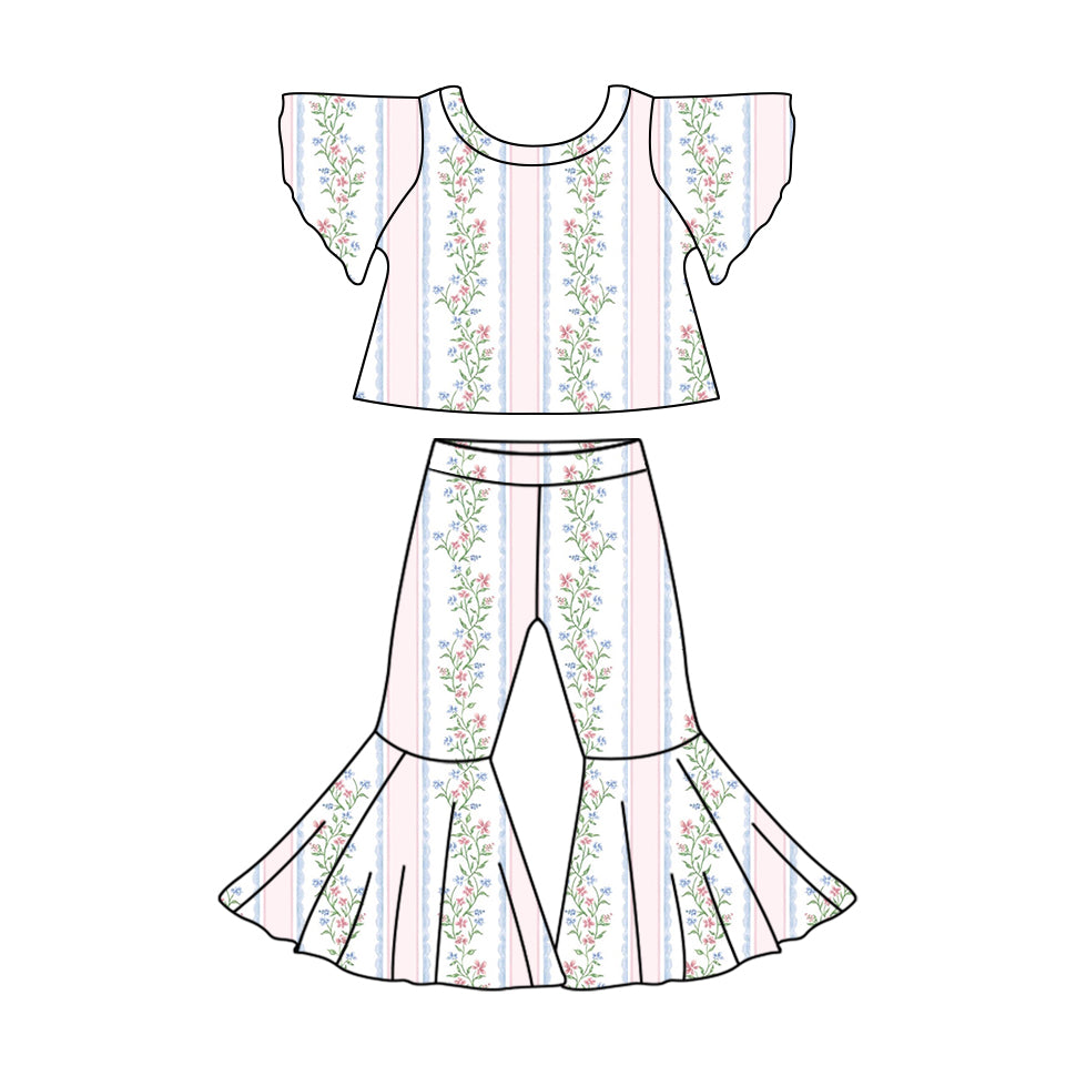 Preorder GSPO1825 pink flowers striped short sleeve pants girls set floral set