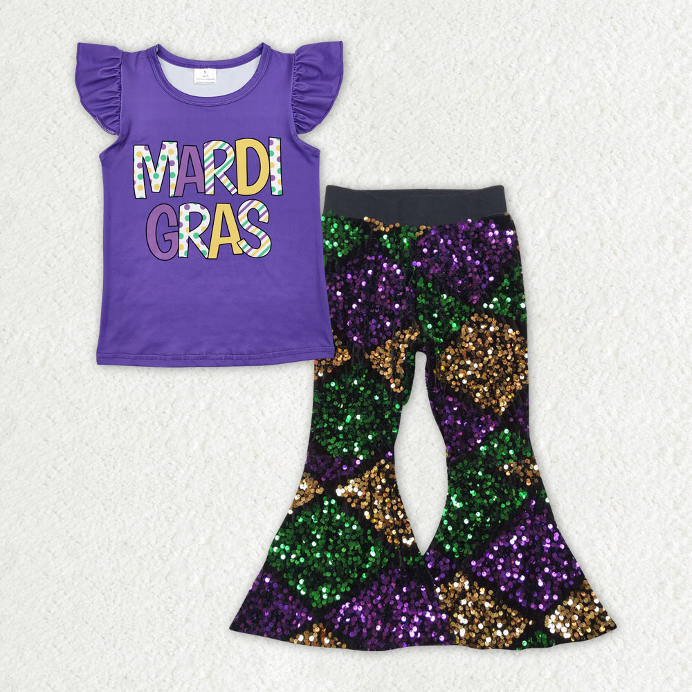 GSPO1831 Mardi Gras flutter sleeve purple green yellow sequin pants girls set