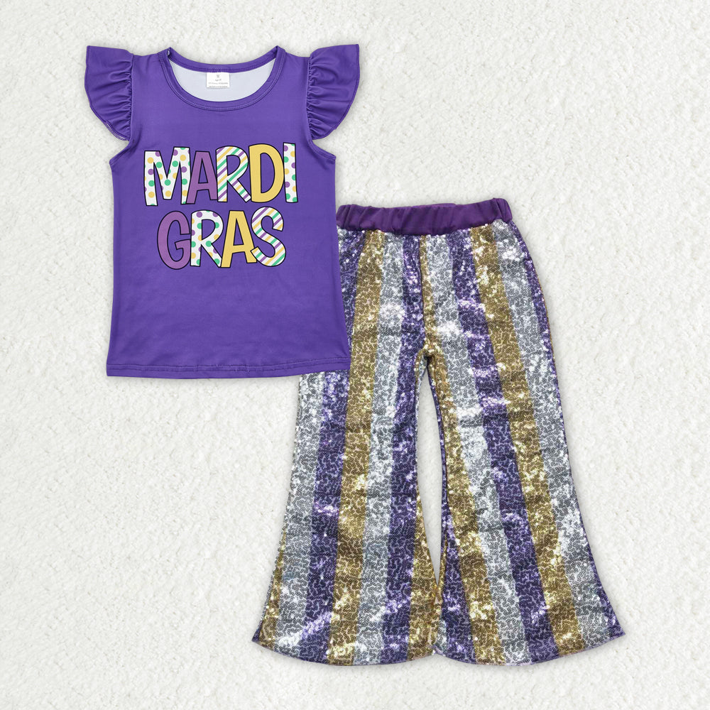 GSPO1832 Mardi Gras flutter sleeve purple striped sequin pants girls set
