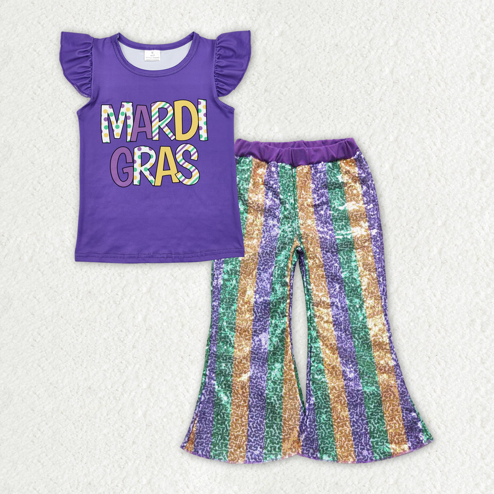 GSPO1833 Mardi Gras flutter sleeve purple green striped sequin pants girls set
