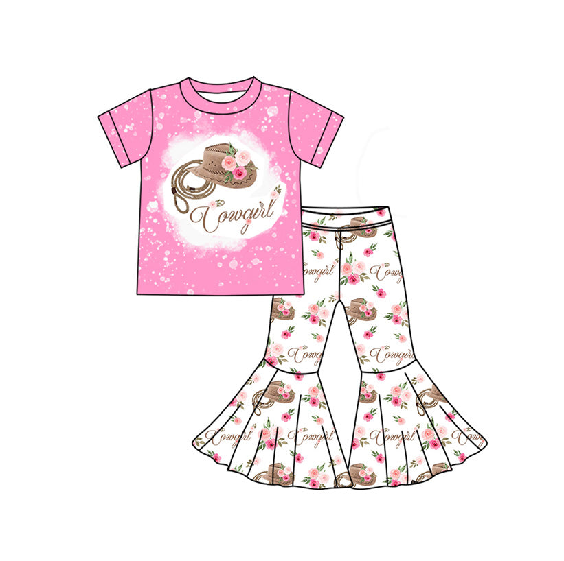 Preorder GSPO1834 Western cowgirl hat flowers hot pink short sleeve pants girls set