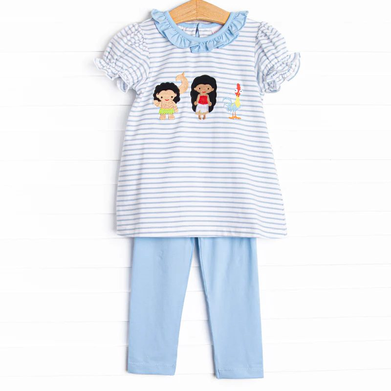 Preorder GSPO1835 cartoon girl chick blue striped short sleeve blue pants girls set
