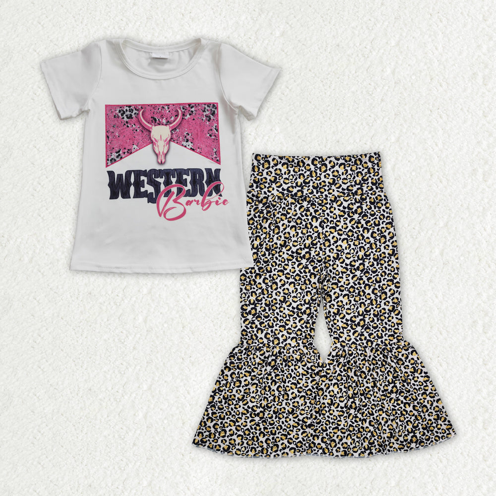 GSPO1842 Western cow BA short sleeve leopard pants girls set