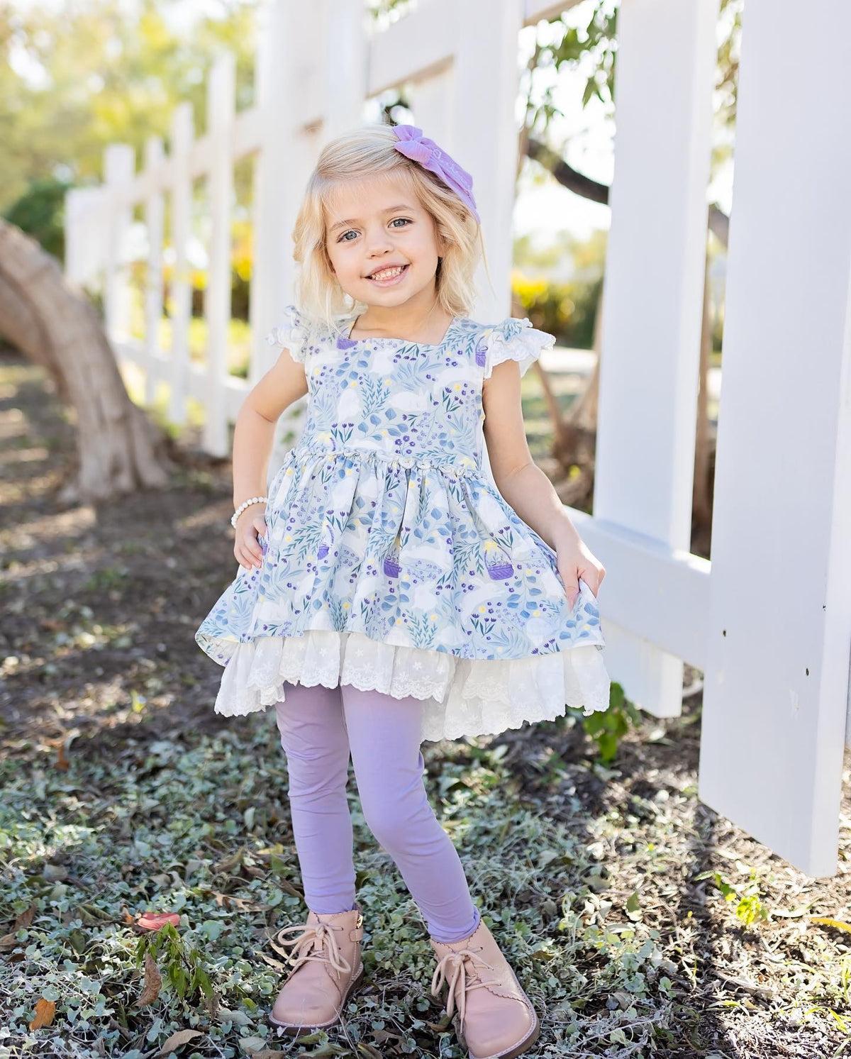 preorder GSPO1857 blue flowers flutter sleeve purple pants girls set