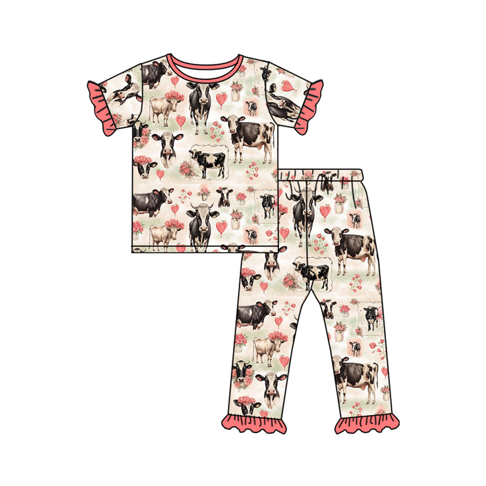 preorder GSPO1858 Farm cow flowers pink short sleeve pants girls pajamas