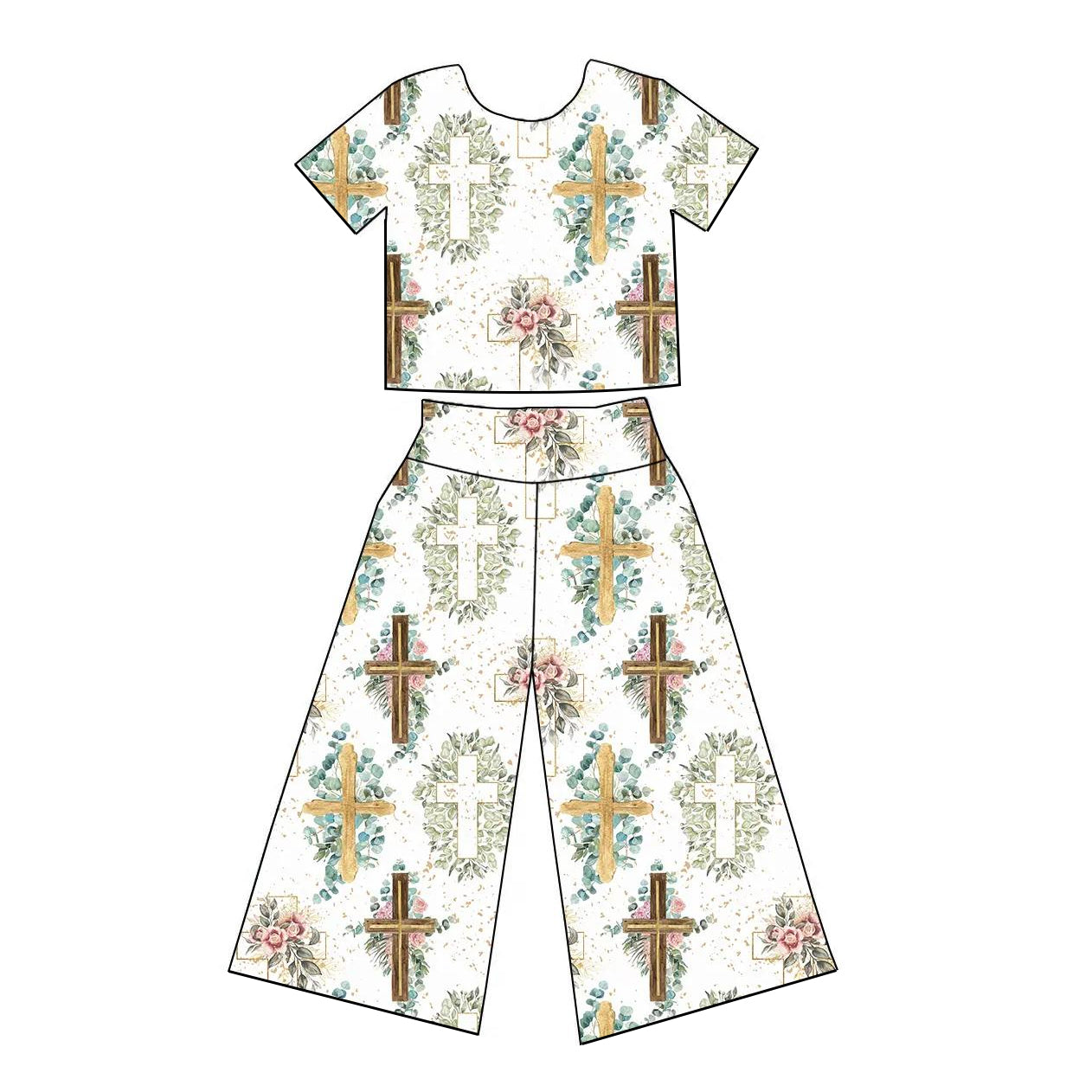 preorder GSPO1863 Easter Cross Flowers Short Sleeve Pants Girls Set