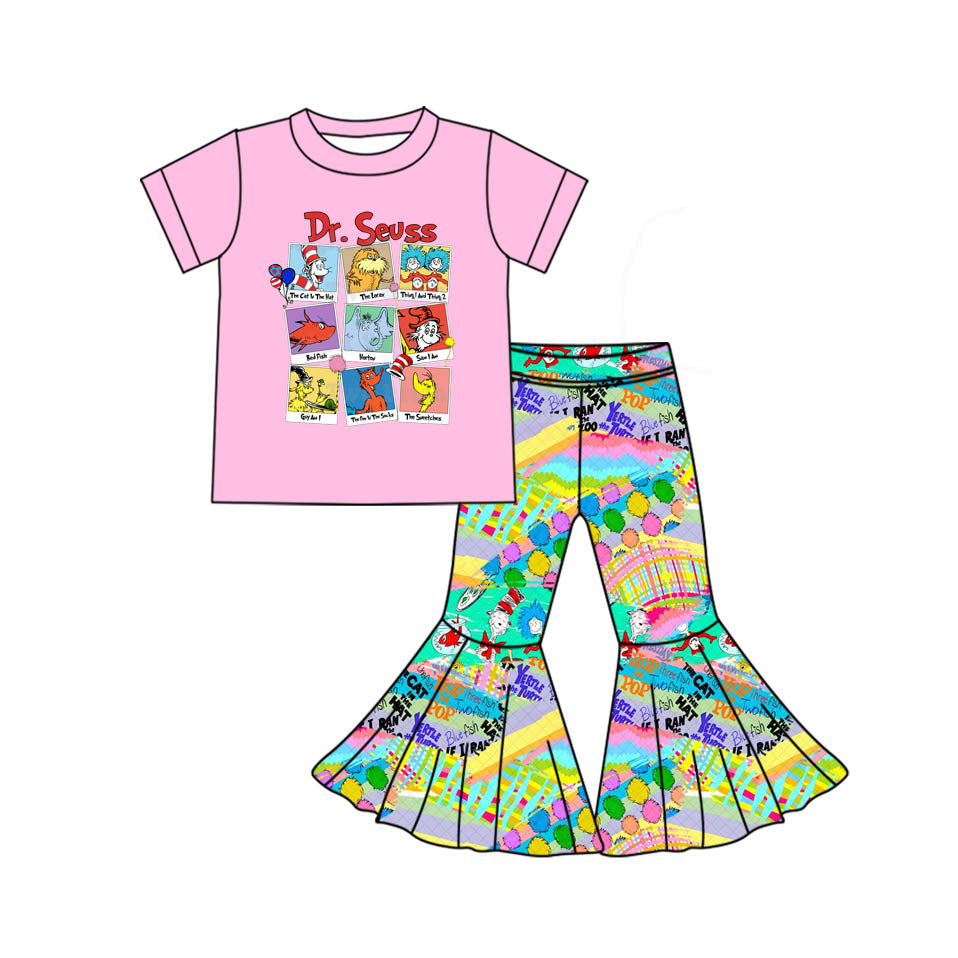 preorder GSPO1866 Cartoon Dr Elephant Pink Short Sleeve Colorful Pants Girls Set