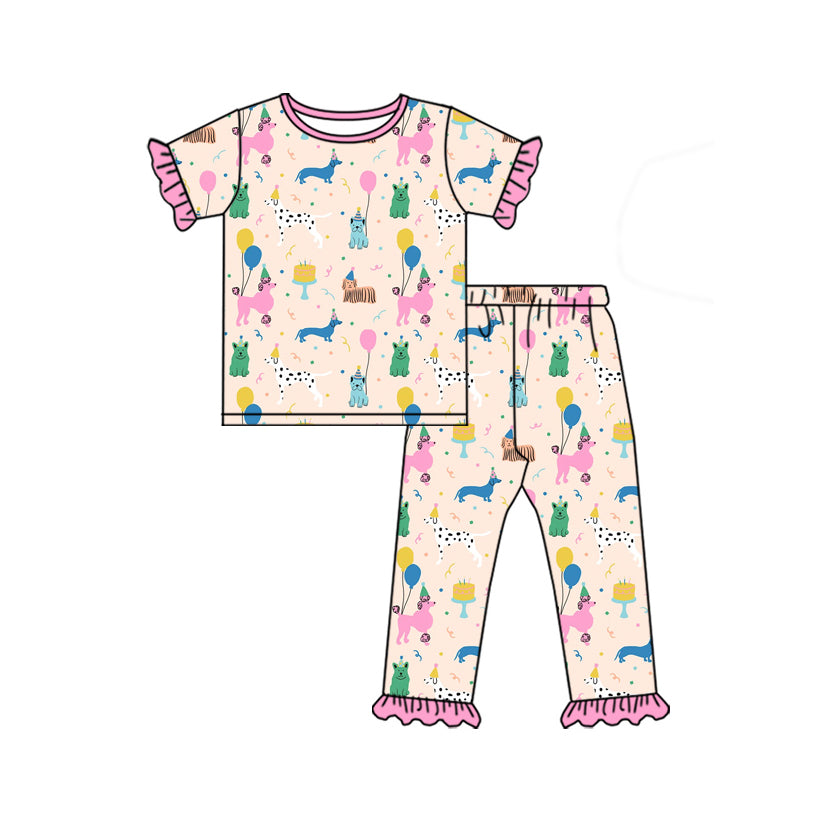 preorder GSPO1867 Happy Birthday Dog Pink Short Sleeve Pants Girls Pajamas