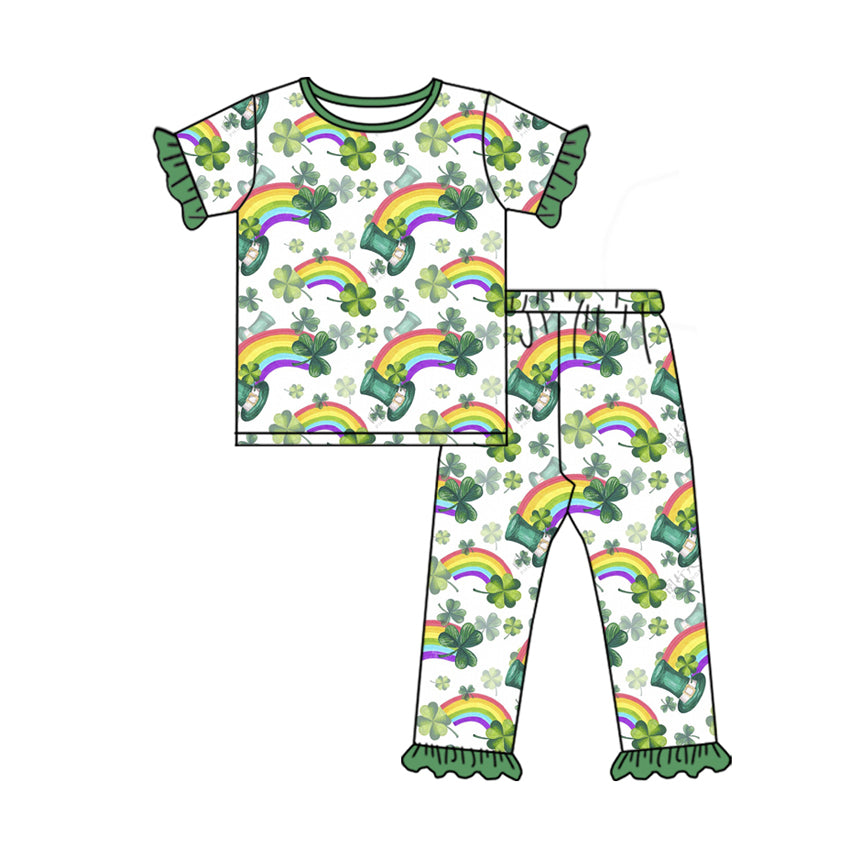 preorder GSPO1878 St.Patrick Hat Rainbow Clover Green Short Sleeve Pants Girls Pajamas