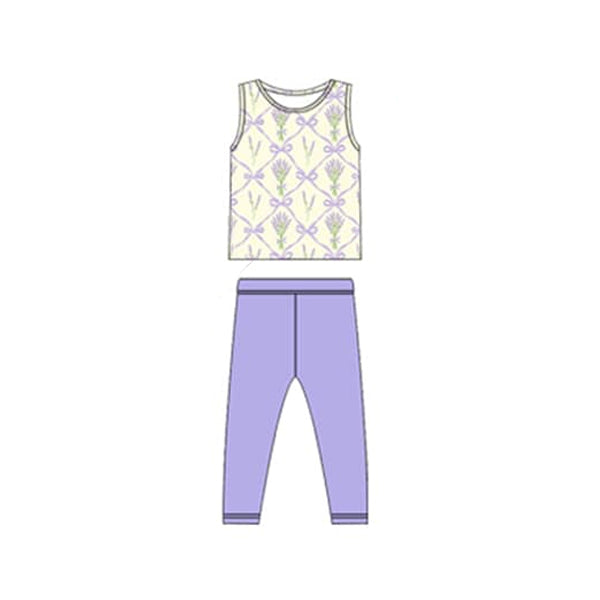 preorder GSPO1917 Purple Flowers Bows Sleeveless Purple Pants Girls Set