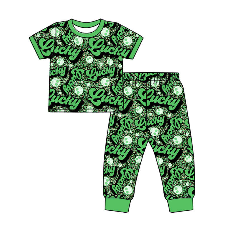 preorder GSPO1925 St. Patrick Lucky Smile Green Leopard Short Sleeve Pants Girls Pajamas
