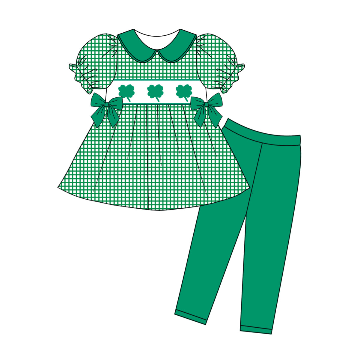 preorder GSPO1928 St. Patrick Clover Bows Green Checkered Short Sleeve Green Pants Girls Set
