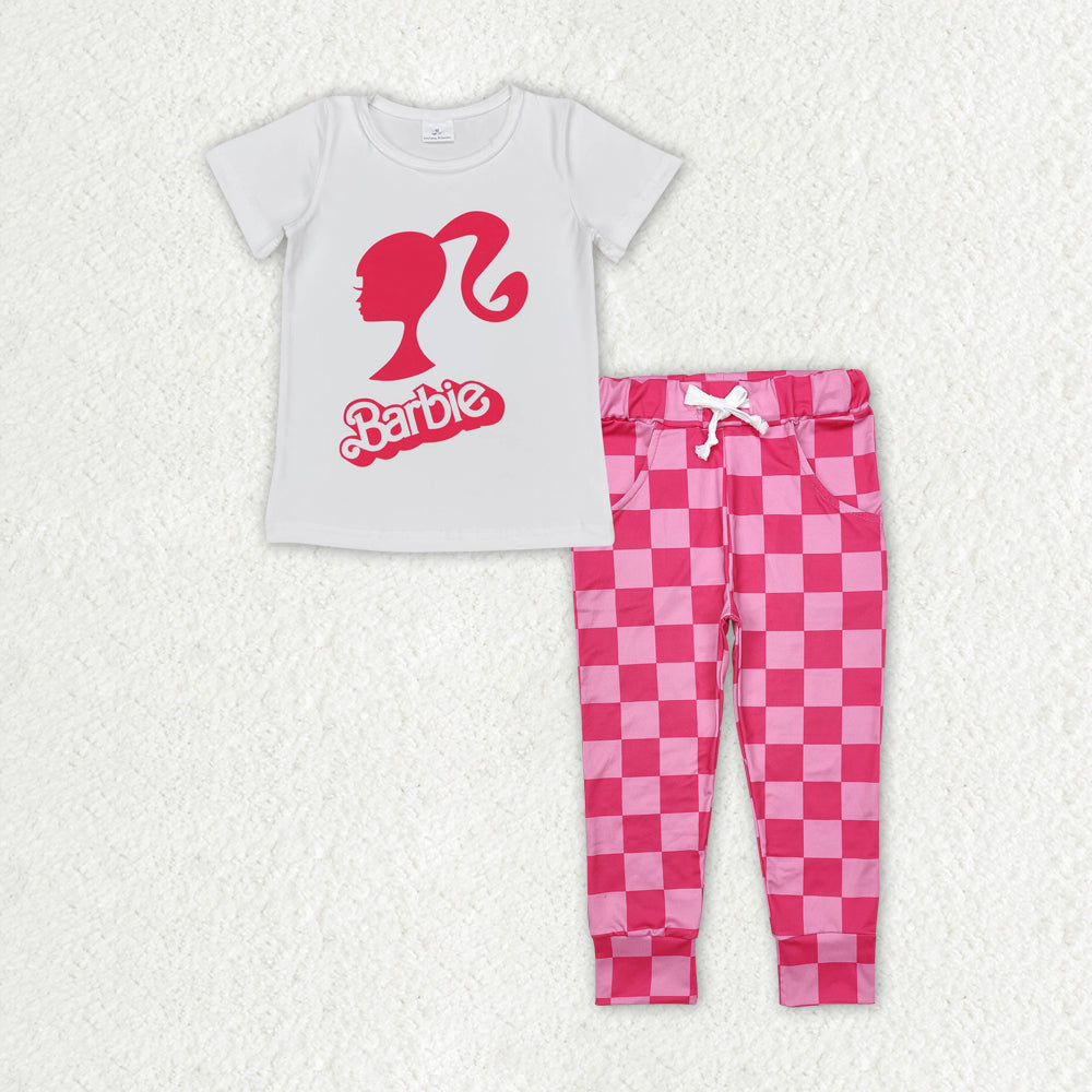 GSPO1933 cartoon BA short sleeve hot pink checkered pants girls set