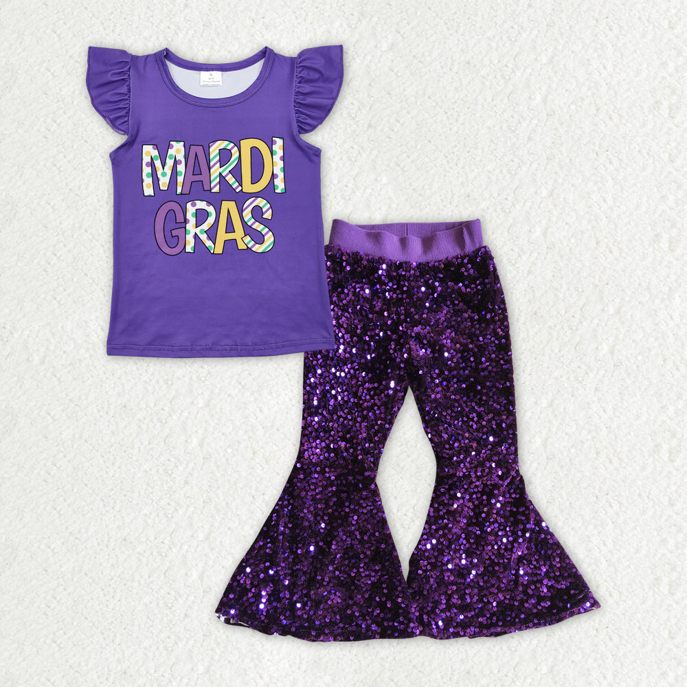 GSPO1937 Mardi Gras flutter sleeve purple sequin pants girls set