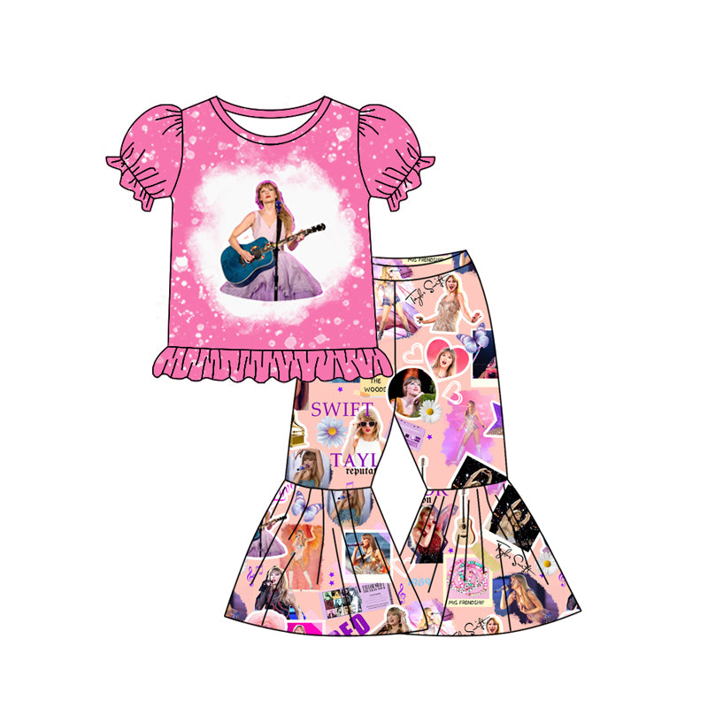 preorder GSPO1941 Taylor country singer hot pink short sleeve pants girls set