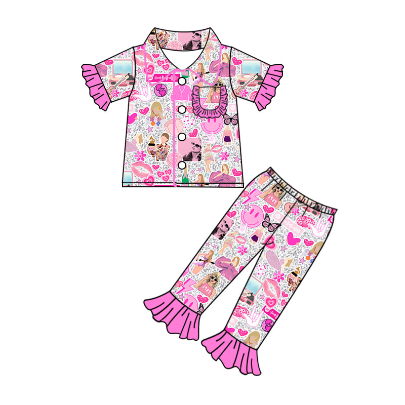 preorder GSPO1942 Taylor Country Singer Pocket Hot Pink Short Sleeve Pants Girls Buttons Pajamas
