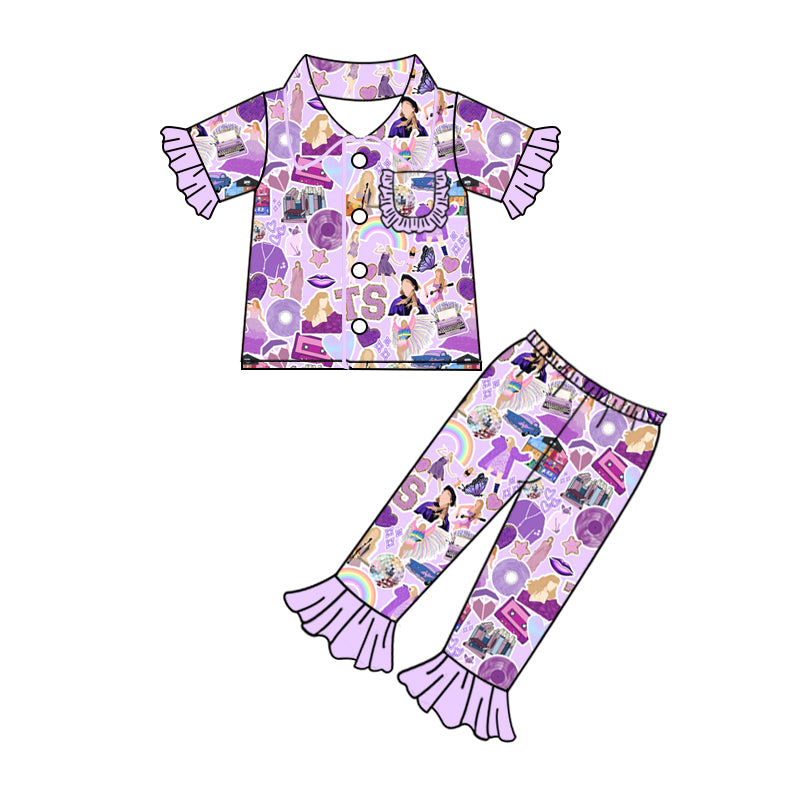 preorder GSPO1943 Taylor Country Singer Pocket Purple Short Sleeve Pants Girls Buttons Pajamas