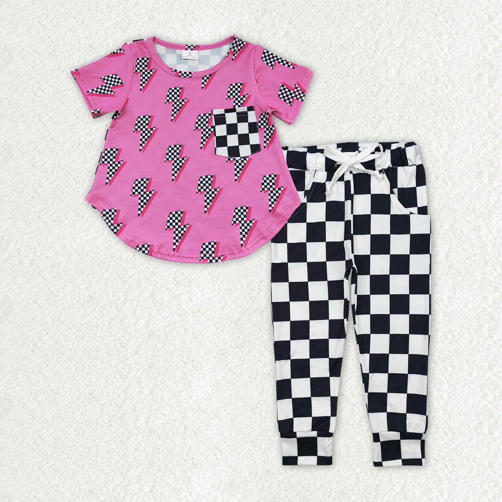 GSPO1946 Flash Pocket Hot Pink Short Sleeve Black Checkered Pants Girls Set