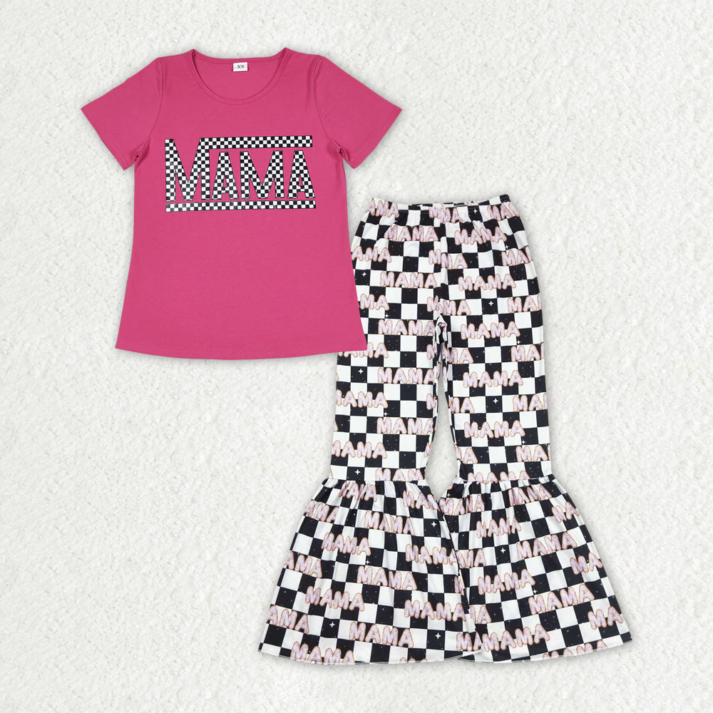 GSPO1948 MAMA Hot Pink Short Sleeve MAMA Black Checkered Pants Adult Women Set