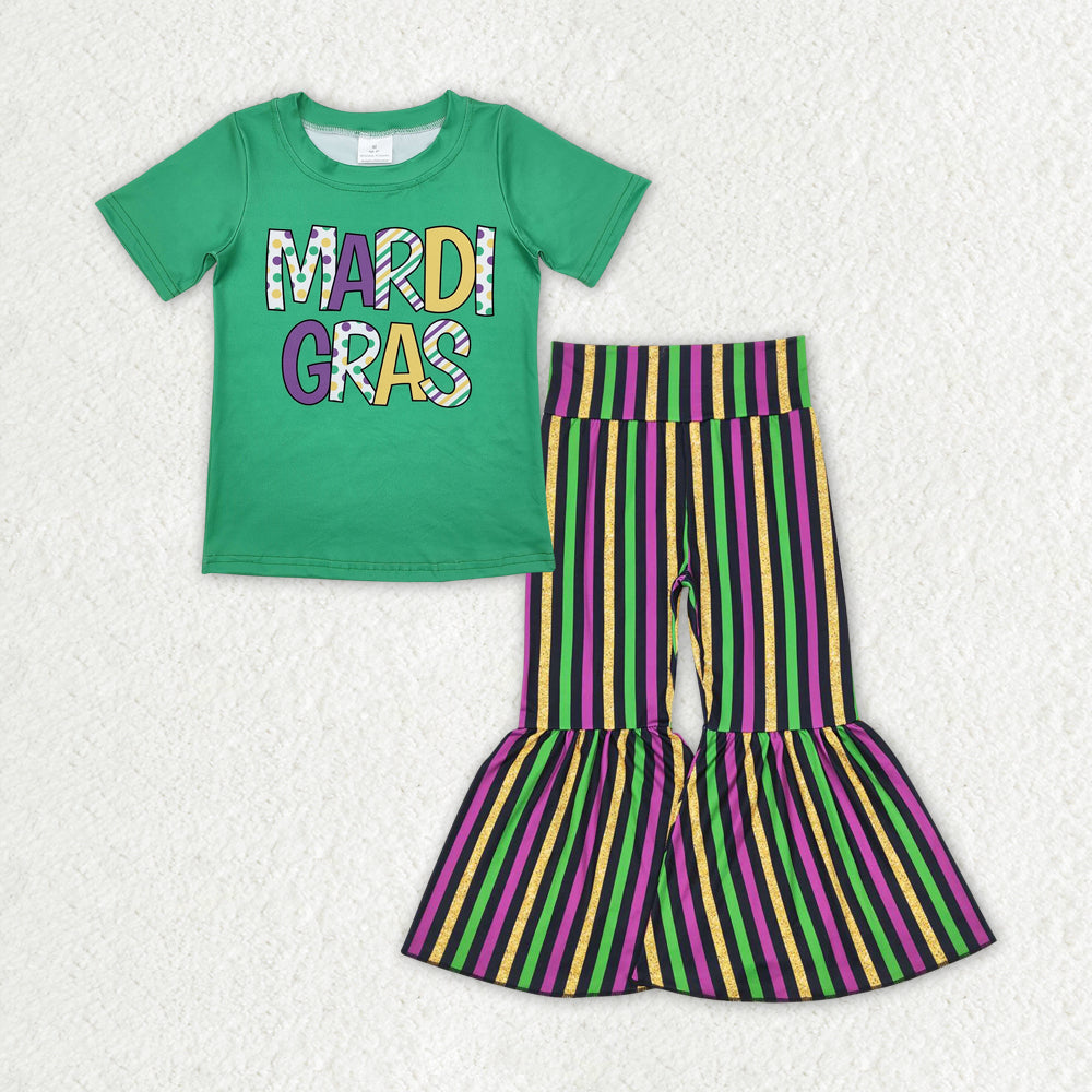GSPO19 Mardi Gras Green Short Sleeve Green Yellow Purple Striped Pants Girls Set