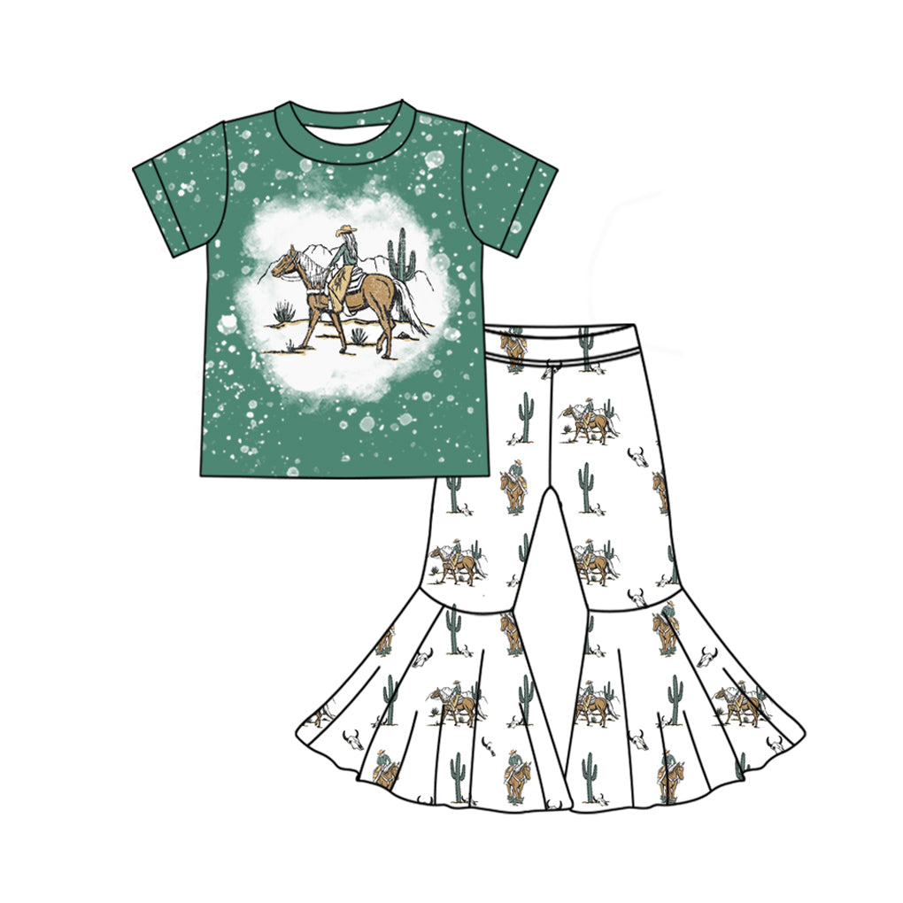 preorder GSPO1951 Western Rodeo Cactus Green Short Sleeve Pants Girls Set