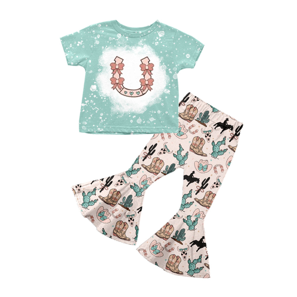 preorder GSPO1953 Western Cactus Boot Rodeo Blue Short Sleeve Pants Girls Set