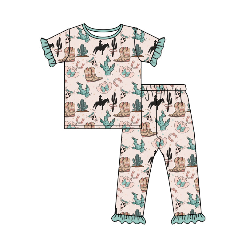 preorder GSPO1954 Western Cactus Boot Rodeo Blue Short Sleeve Pants Girls Pajamas