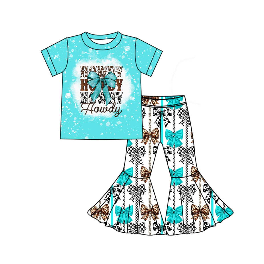 preorder GSPO1956 Western bows howdy bright blue short sleeve pants girls set