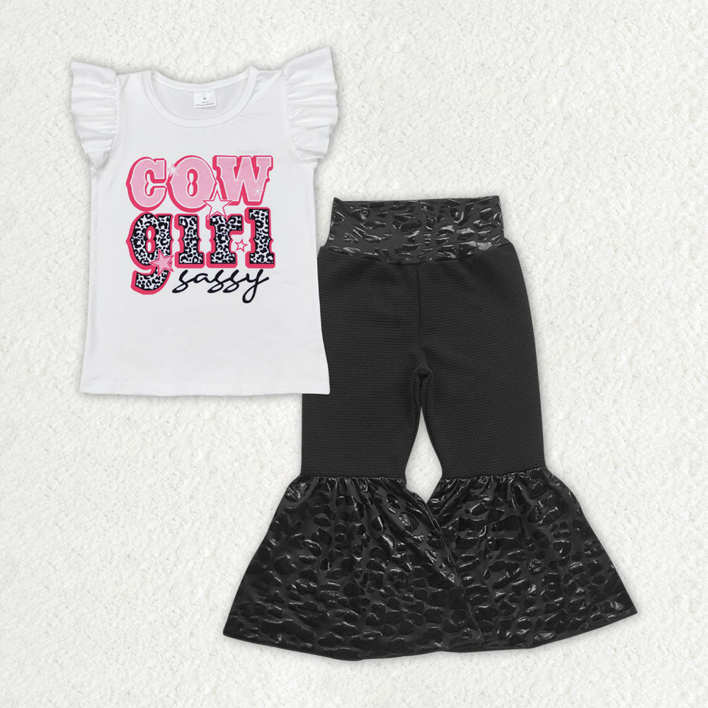 GSPO1961 cowgirl sassy flutter sleeve black dot leather pants girls set