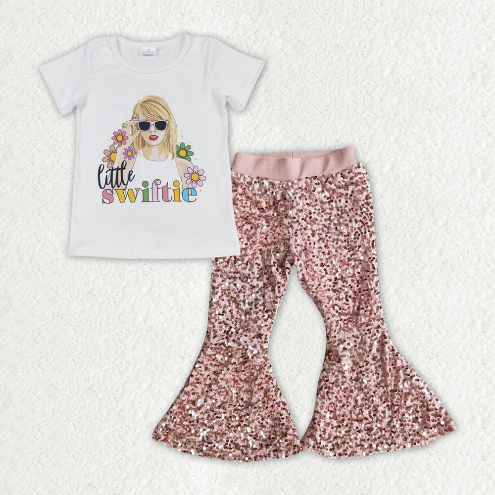 GSPO1967 little Swiftie flowers short sleeve pink sequin pants girls set