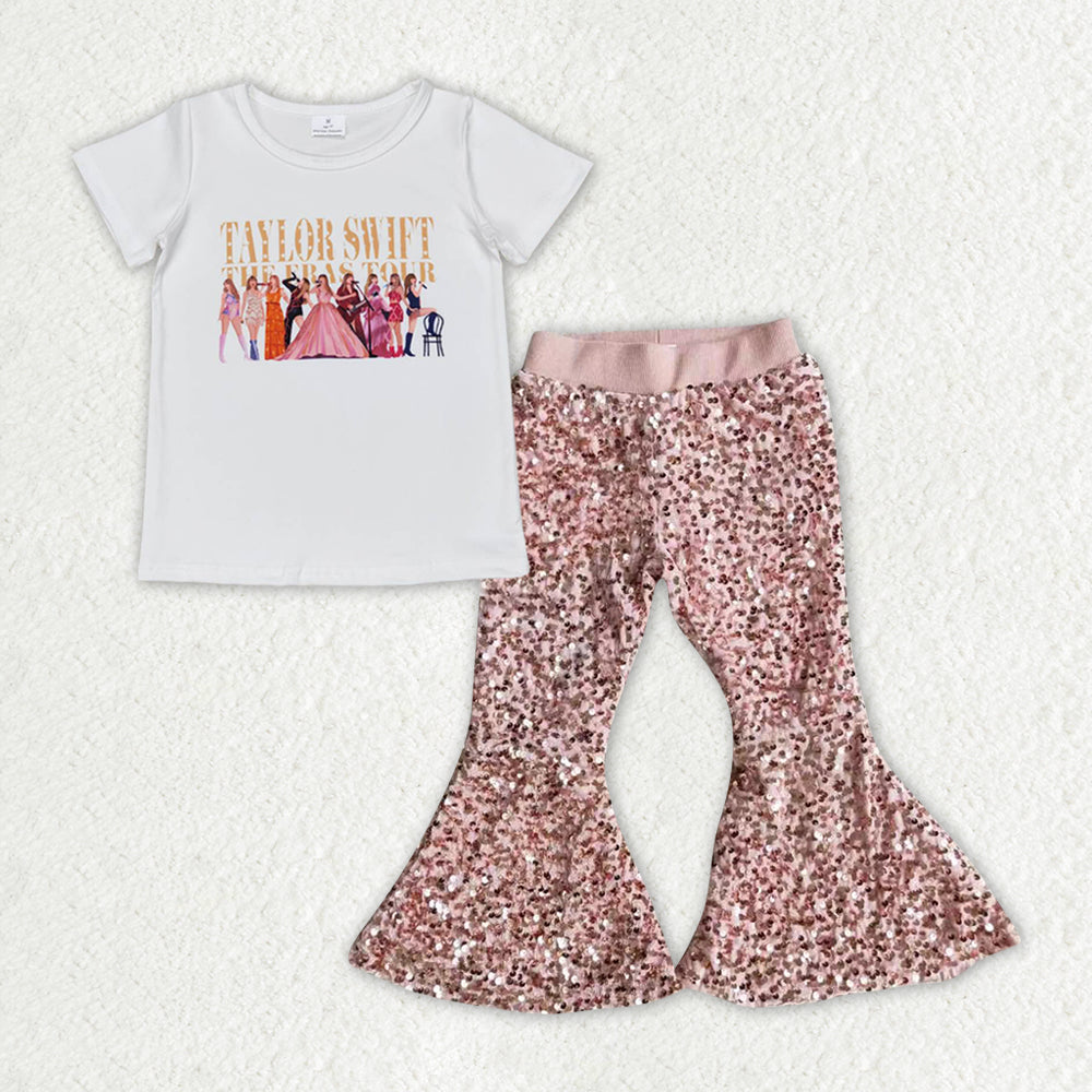 GSPO1968 Taylor country singer short sleeve pink sequin pants girls set