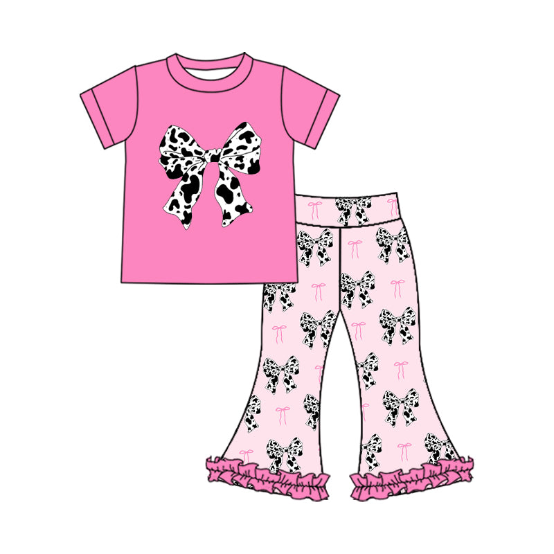 preorder GSPO1969 cow printing bows hot pink short sleeve pink ruffles pants girls set