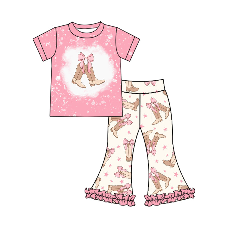 preorder GSPO1970 Western bows boot pink short sleeve ruffles pants girls set