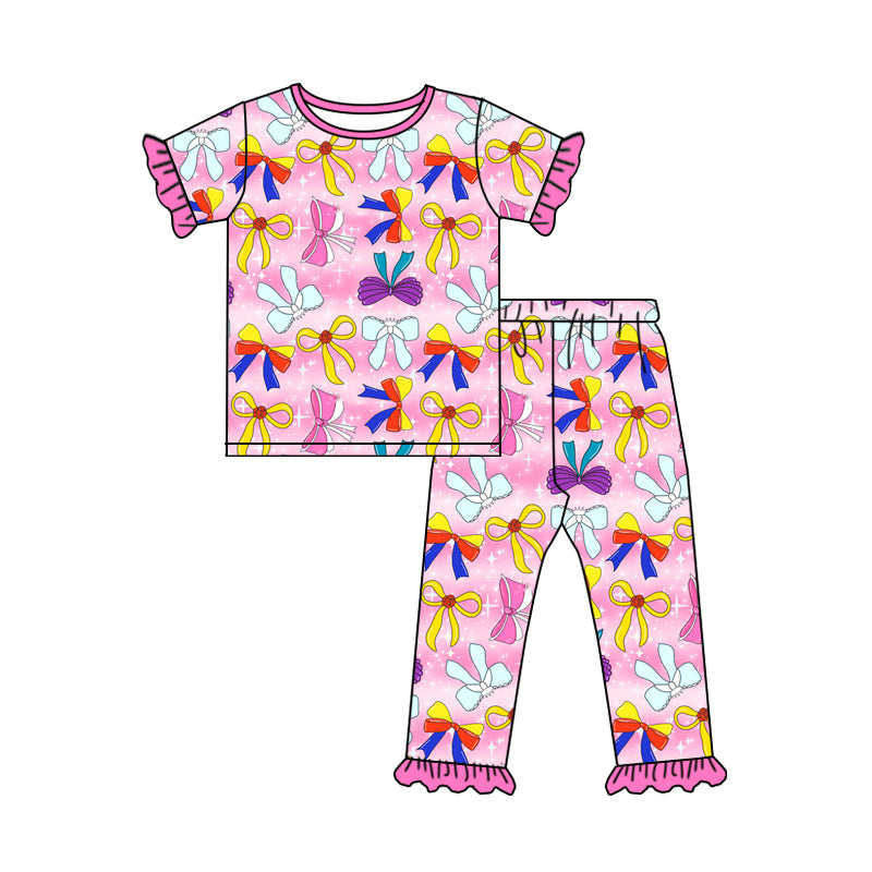 preorder GSPO1972 cartoon princess bows hot pink short sleeve pants girls pajamas