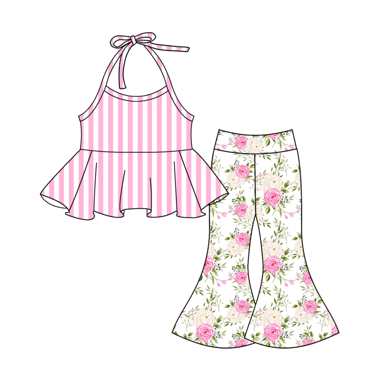 preorder GSPO1975 Pink Striped Straps Pink Flowers Pants Girls Set
