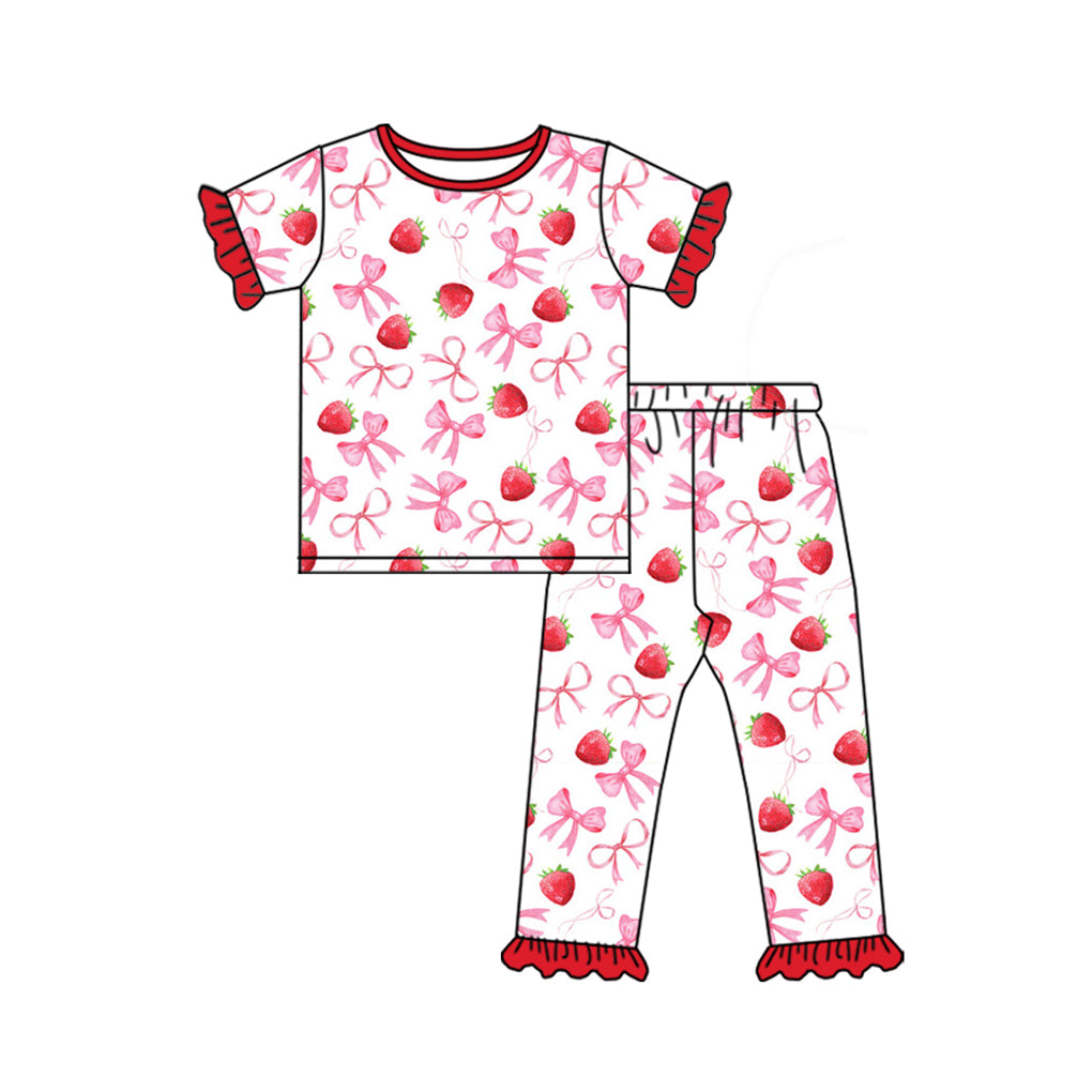 preorder GSPO1980 Red Bows Strawberry Short Sleeve Pants Girls Pajamas