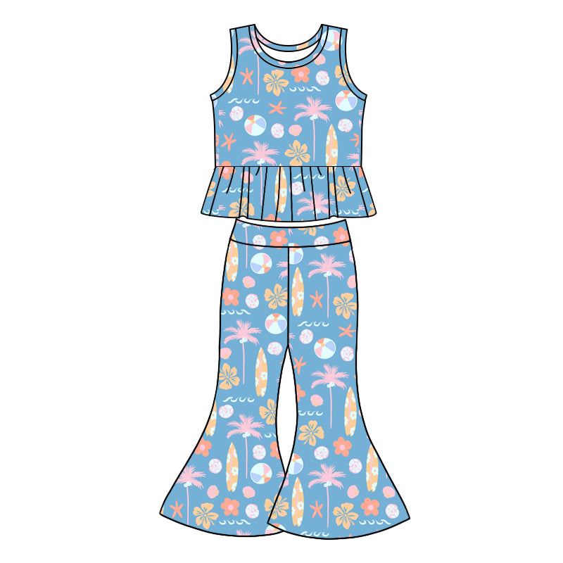 preorder GSPO1984 Flowers Beach Volleyball Blue Sleeveless Pants Girls Set