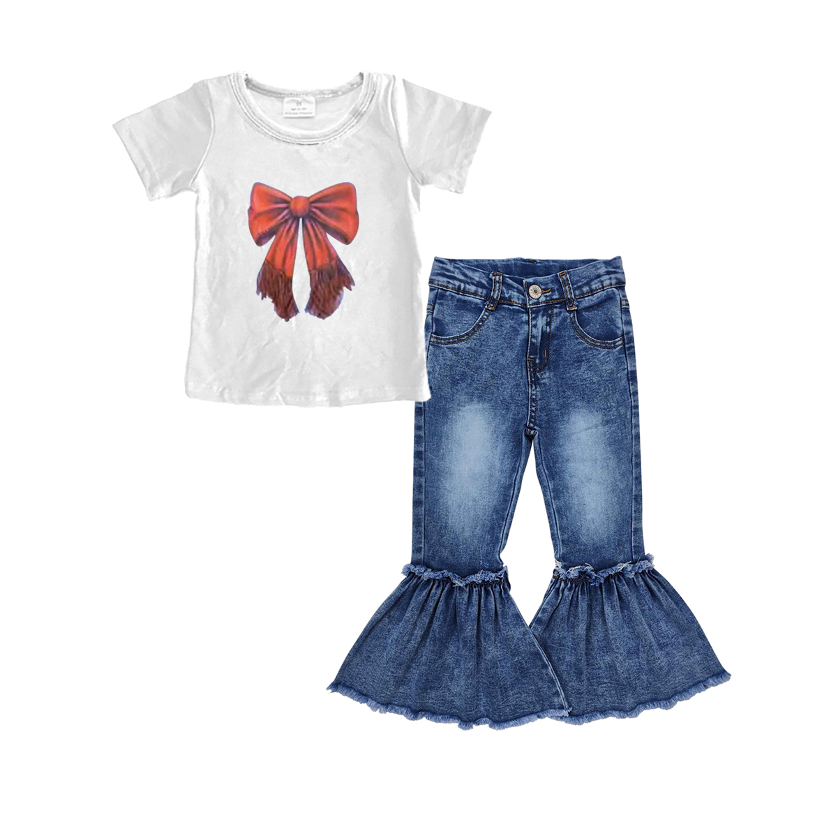 preorder GSPO1998 red bows short sleeve blue jeans girls set