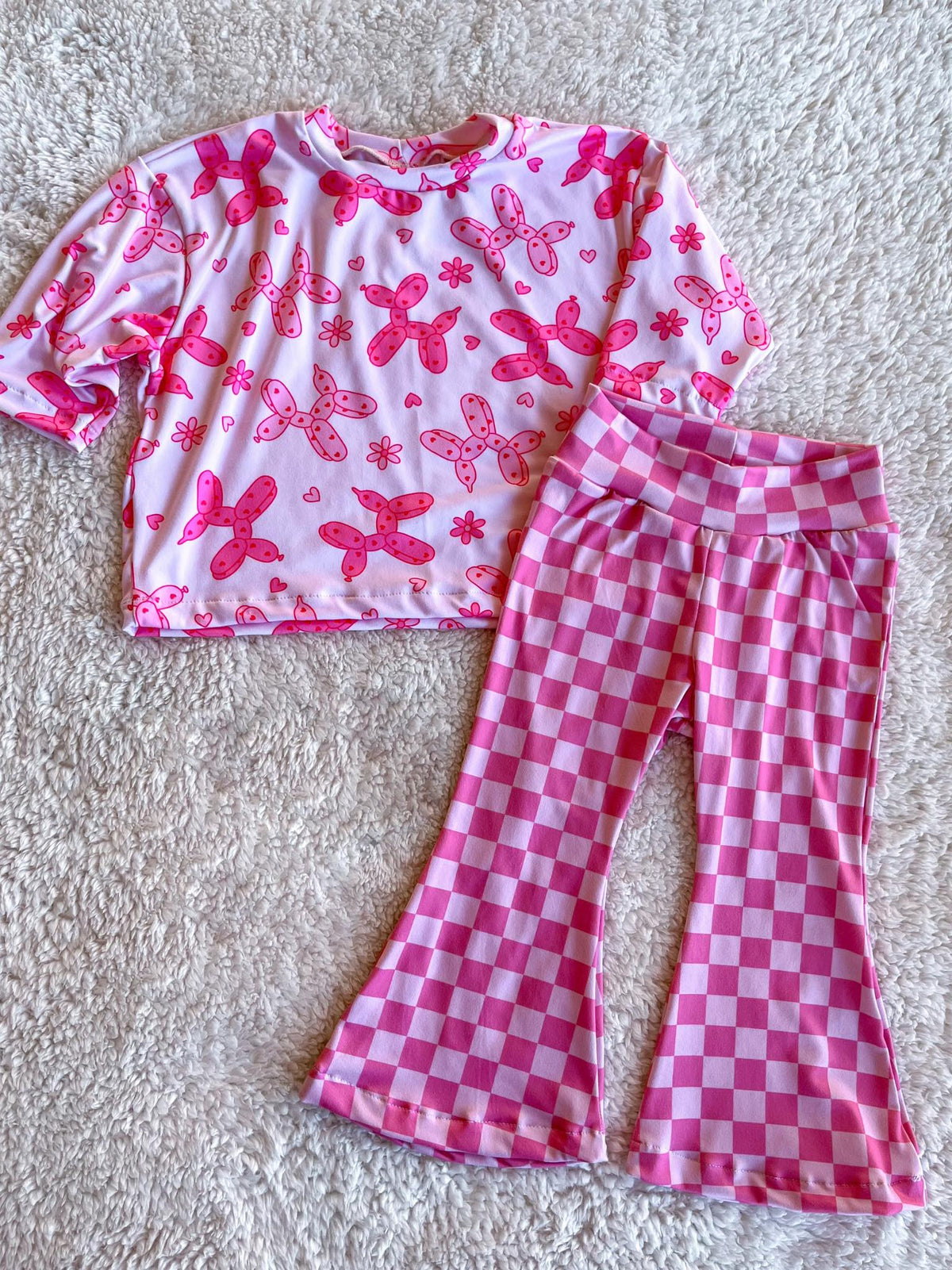 preorder GSPO2010 hot pink balloon dog hot pink short sleeve hot pink checkered pants girls set