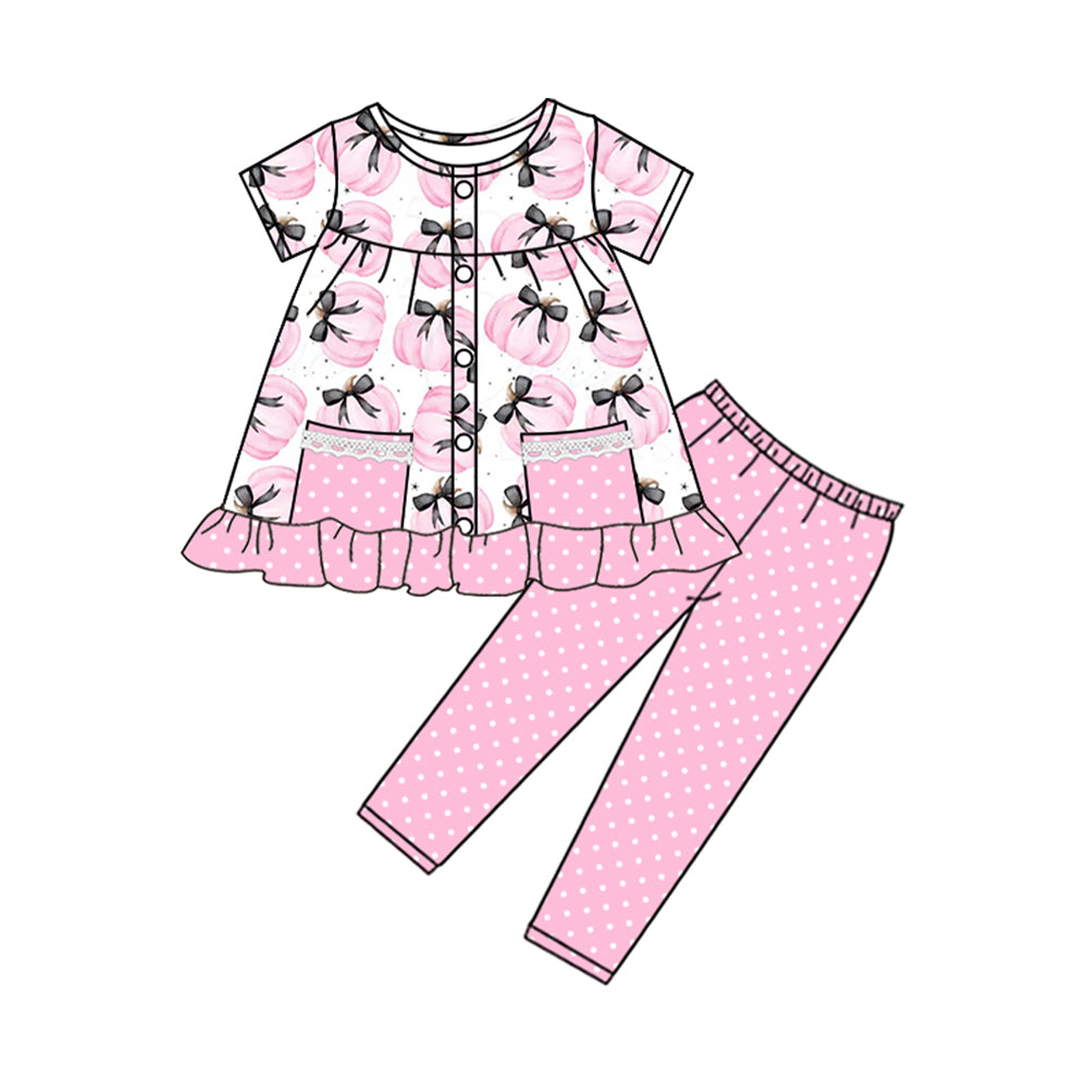 preorder GSPO2019 pink pumpkin black bows pockets short sleeve pink dot pants girls set