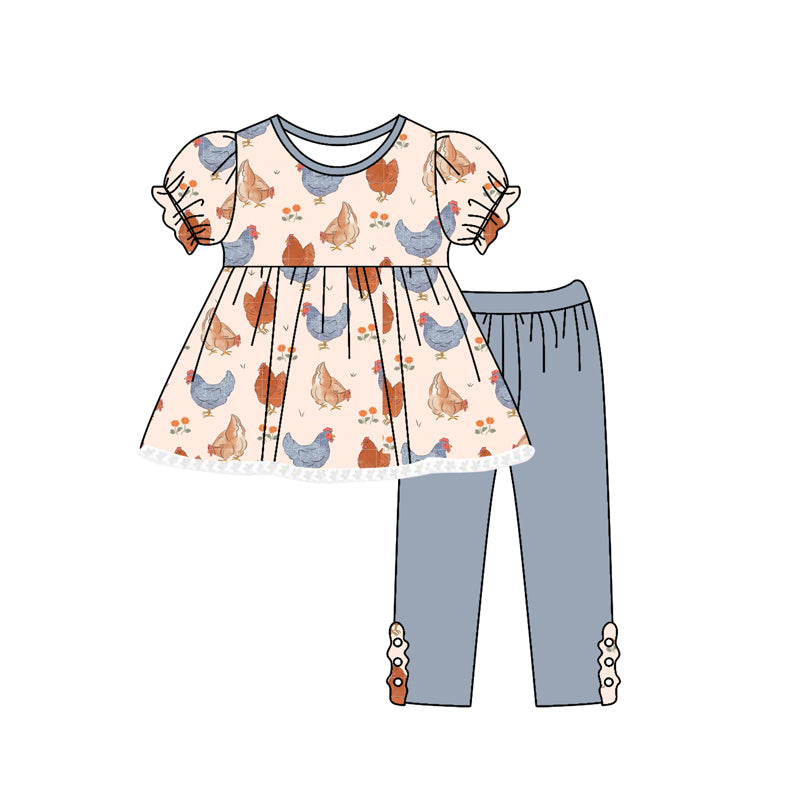preorder GSPO2020 farm chick flowers short sleeve grey blue pants girls set