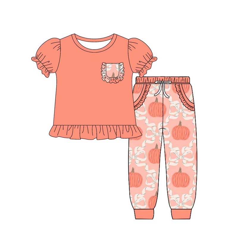 preorder GSPO2021 pumpkin pocket orange short sleeve bows pants girls set