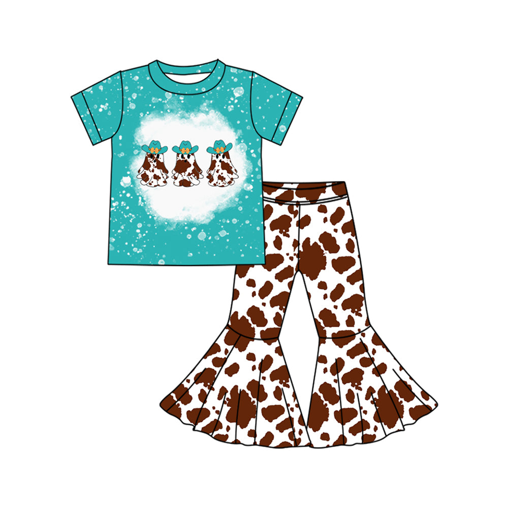 preorder GSPO2024 Western spooky blue short sleeve cow print pants girls set
