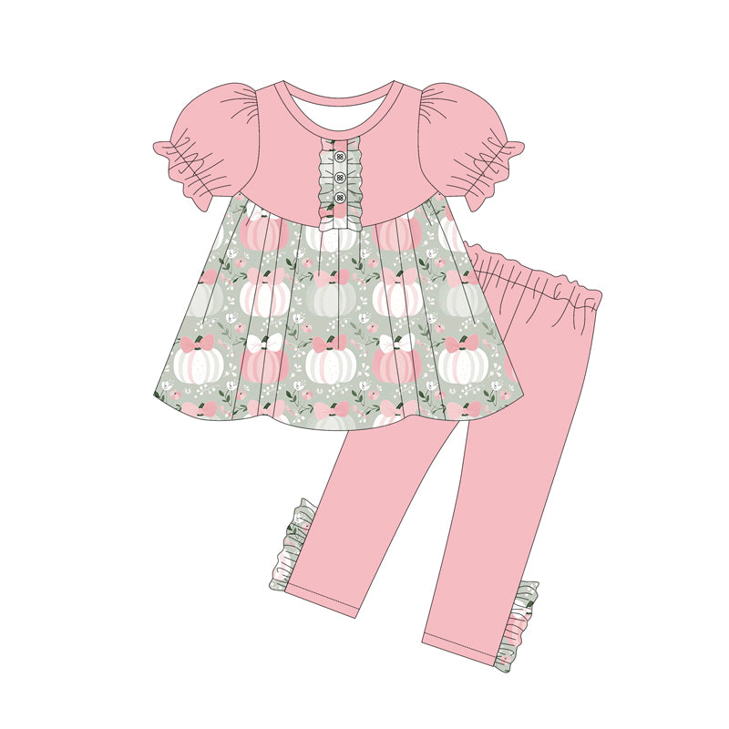preorder GSPO2042 Autumn pumpkin flowers short sleeve pink pants girls set