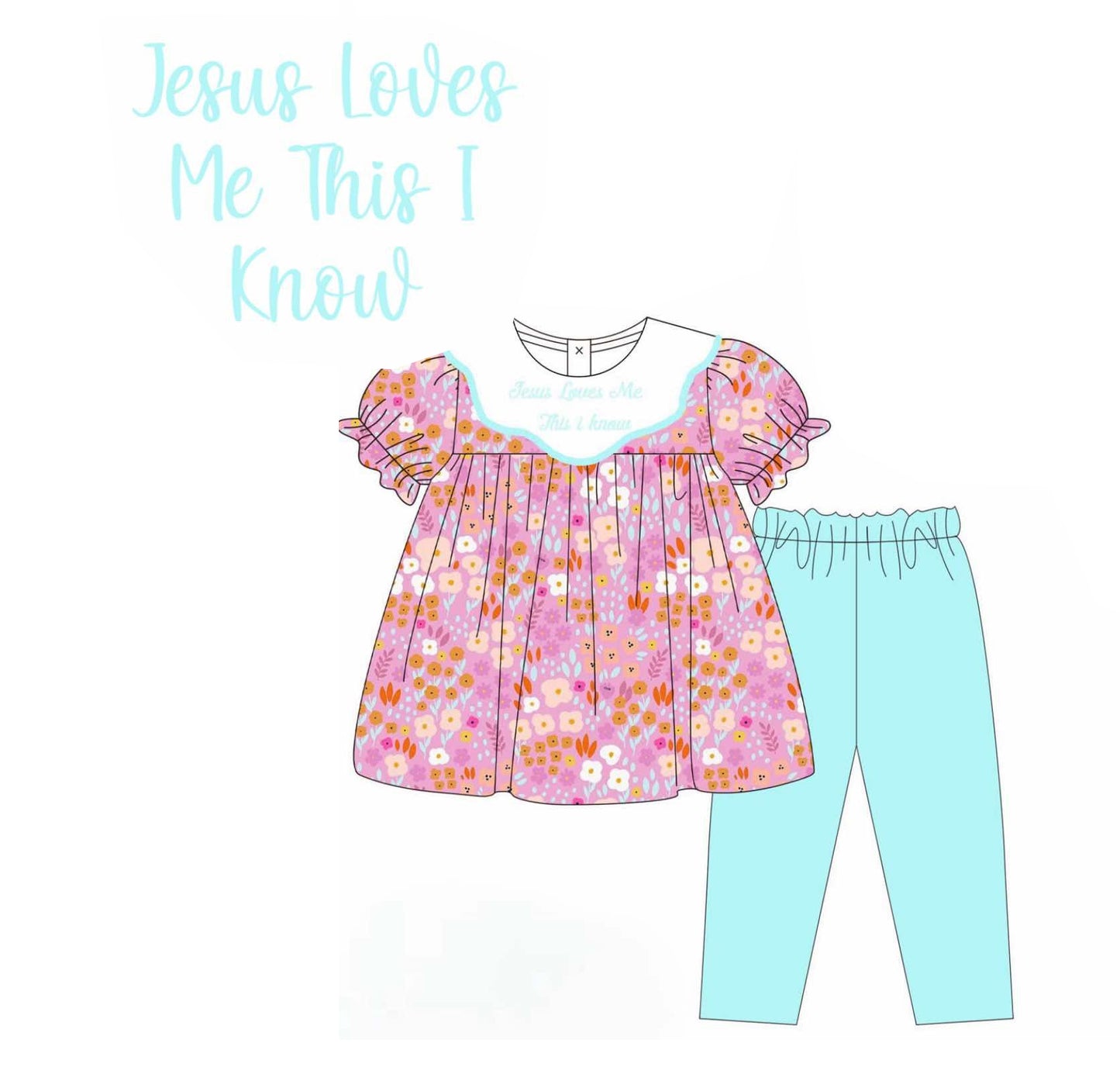 preorder GSPO2044 jesus loves me this i know pink flowers short sleeve mint green pants girls set