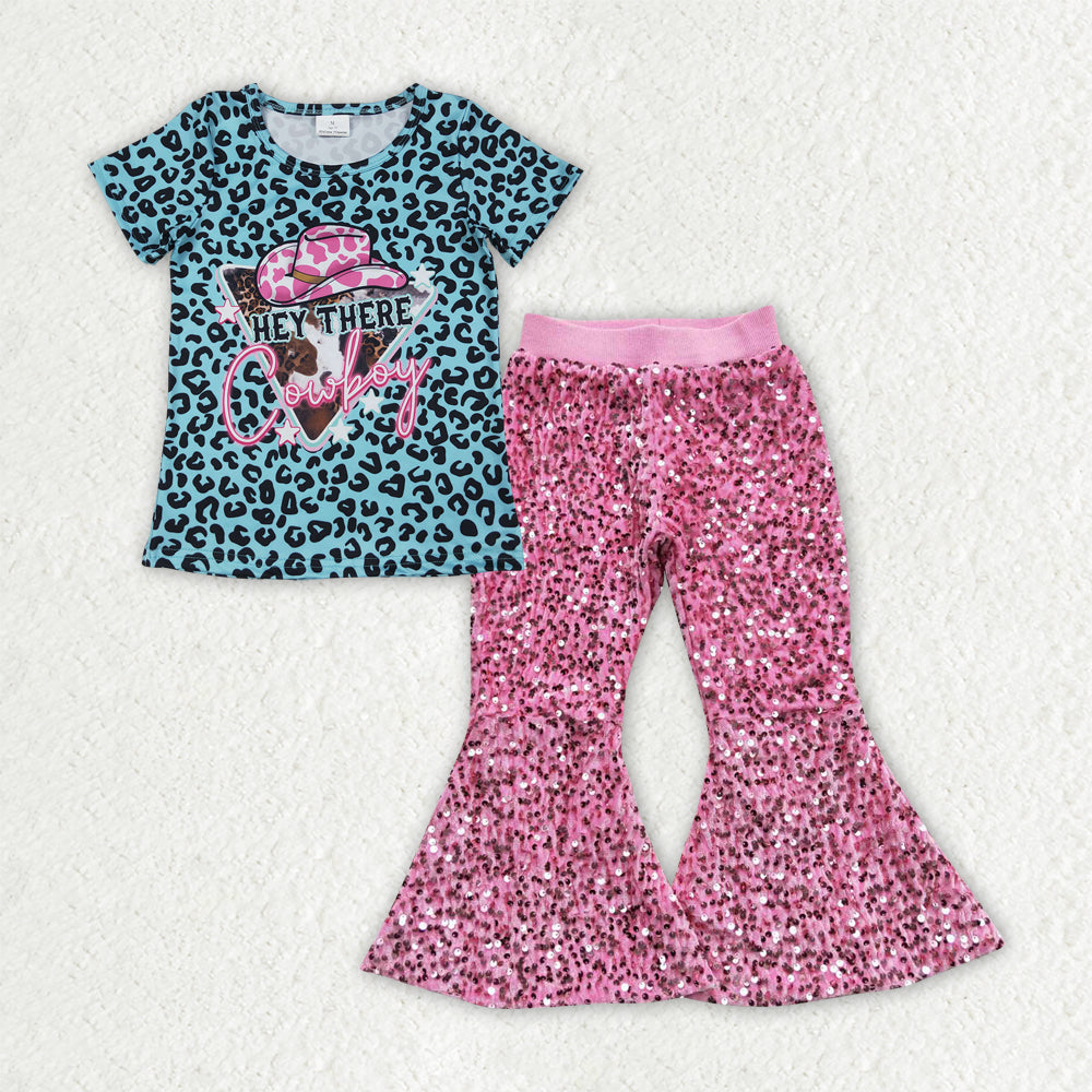 GSPO2053 Western cowboy hat blue leopard short sleeve pink sequin pants girls set