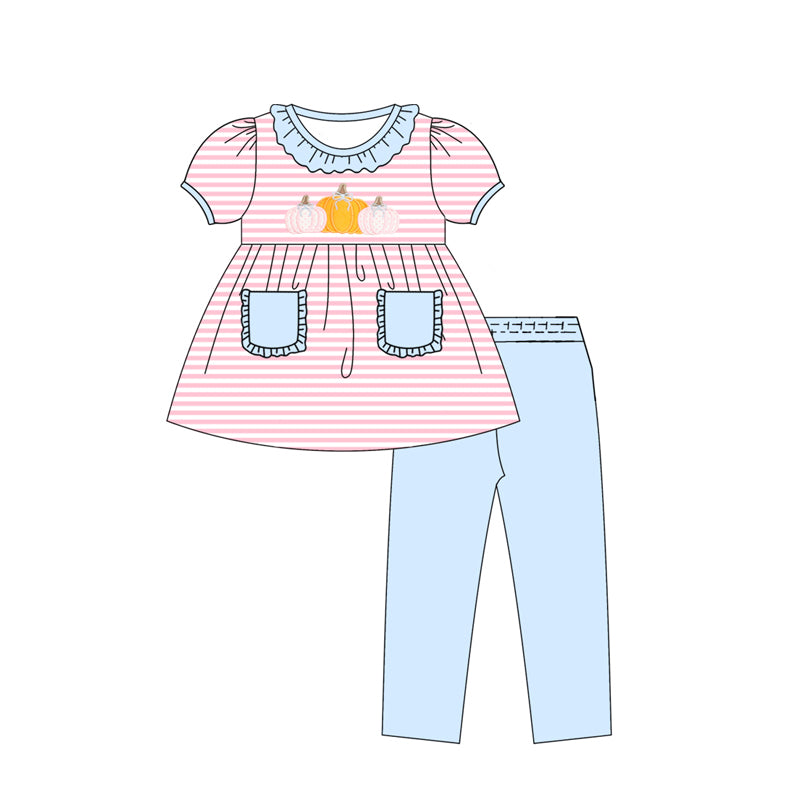preorder GSPO2059 Autumn pumpkin pink striped pockets short sleeve blue pants girls set