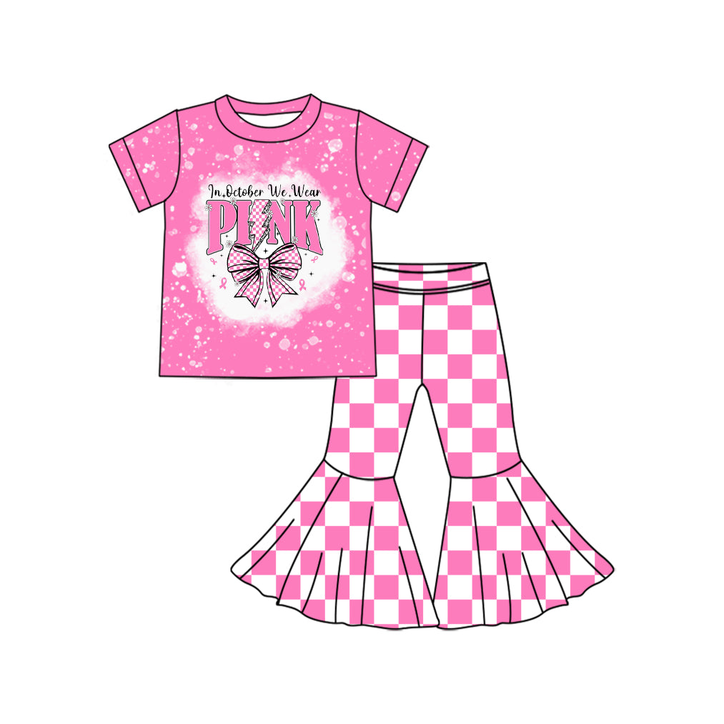 preorder GSPO2063 in October we wear pink bows hot pink short sleeve pants girls set
