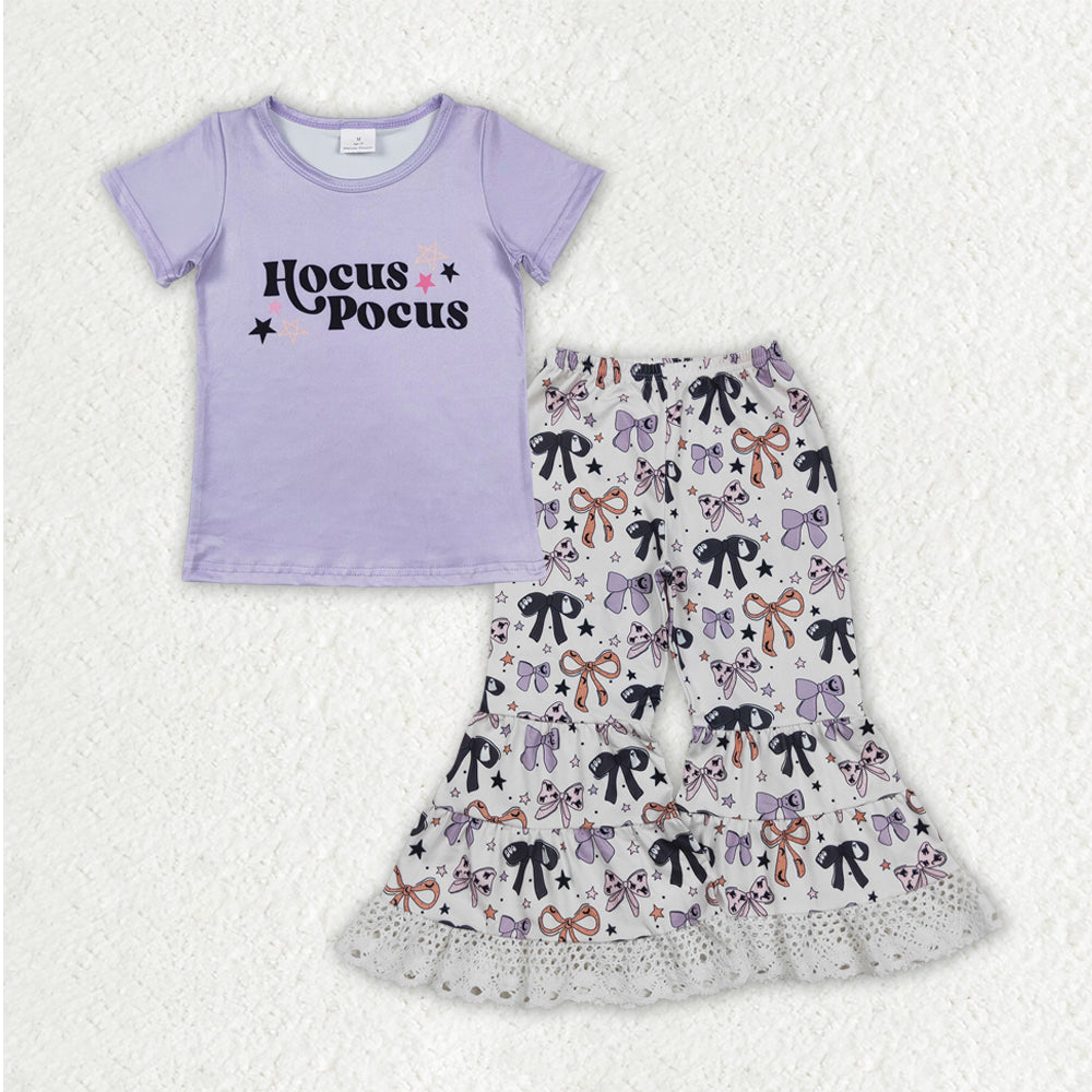GSPO2064 Halloween witch purple short sleeve bows lace pants girls set
